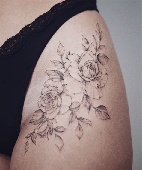 Up the Hip Peony Tattoo. . Floral hip tattoo